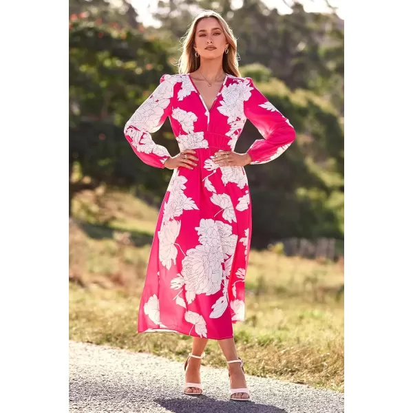 imagePRETTYGARDEN Womens 2024 Fall Boho Maxi Dress Casual Long Sleeve V Neck Printed Beach Long Flowy DressesRose Red Floral
