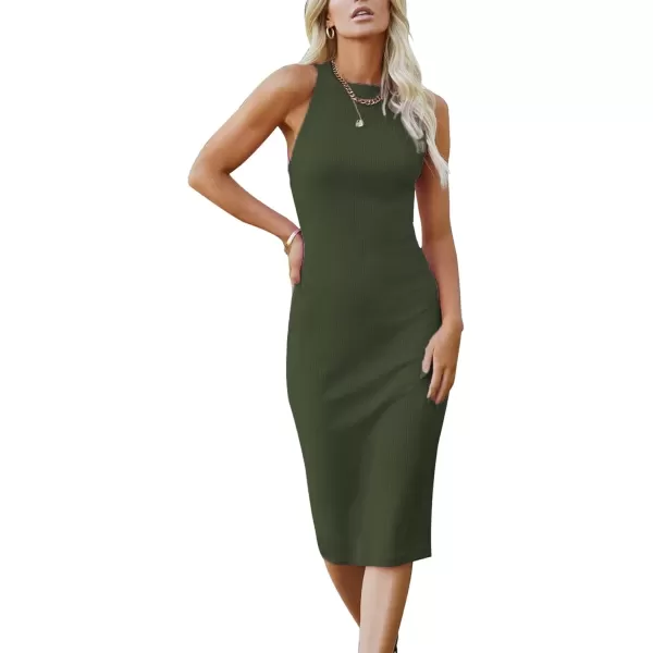 imagePRETTYGARDEN Womens Basic Bodycon Midi Dress Crewneck Sleeveless Casual Summer Tank Top DressesArmy Green