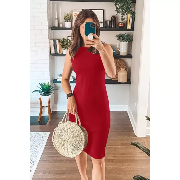 imagePRETTYGARDEN Womens Basic Bodycon Midi Dress Crewneck Sleeveless Casual Summer Tank Top DressesRed