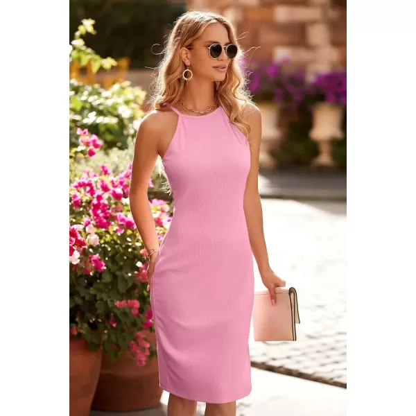 imagePRETTYGARDEN Womens Basic Bodycon Midi Dress Crewneck Sleeveless Casual Summer Tank Top DressesSolid Pink