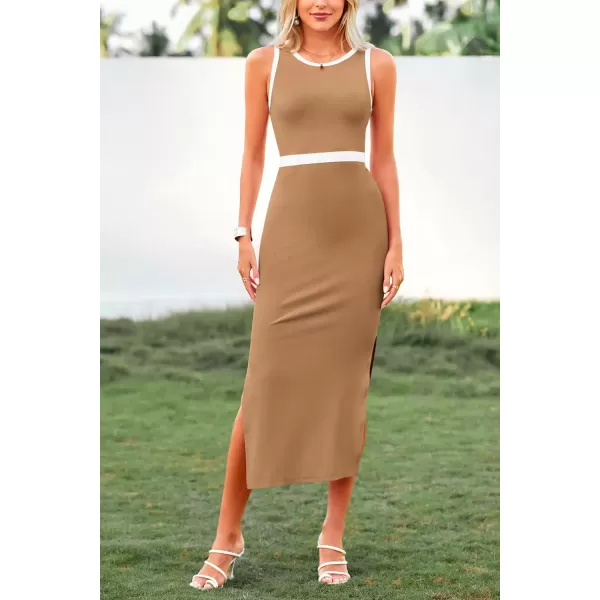imagePRETTYGARDEN Womens Basic Bodycon Midi Dress Crewneck Sleeveless Casual Summer Tank Top DressesZkhaki