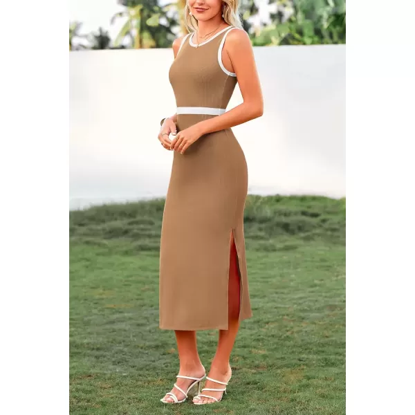 imagePRETTYGARDEN Womens Basic Bodycon Midi Dress Crewneck Sleeveless Casual Summer Tank Top DressesZkhaki