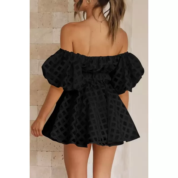 imagePRETTYGARDEN Womens Off The Shoulder Babydoll Dress Short Puff Sleeve Casual A Line Ruffle Summer DressesPlaid Black