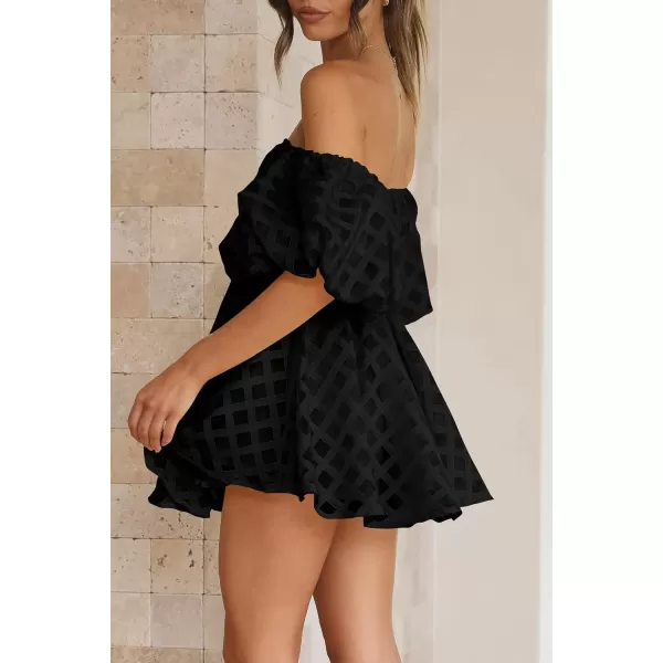 imagePRETTYGARDEN Womens Off The Shoulder Babydoll Dress Short Puff Sleeve Casual A Line Ruffle Summer DressesPlaid Black
