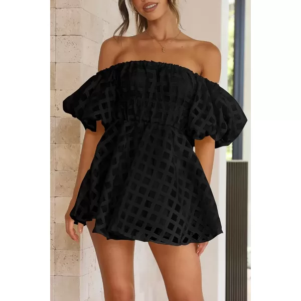 imagePRETTYGARDEN Womens Off The Shoulder Babydoll Dress Short Puff Sleeve Casual A Line Ruffle Summer DressesPlaid Black