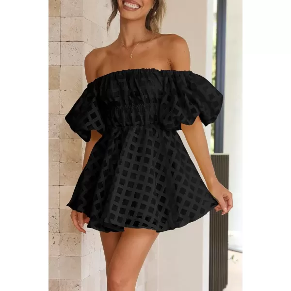 imagePRETTYGARDEN Womens Off The Shoulder Babydoll Dress Short Puff Sleeve Casual A Line Ruffle Summer DressesPlaid Black