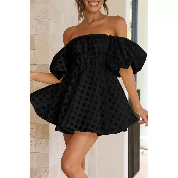 imagePRETTYGARDEN Womens Off The Shoulder Babydoll Dress Short Puff Sleeve Casual A Line Ruffle Summer DressesPlaid Black