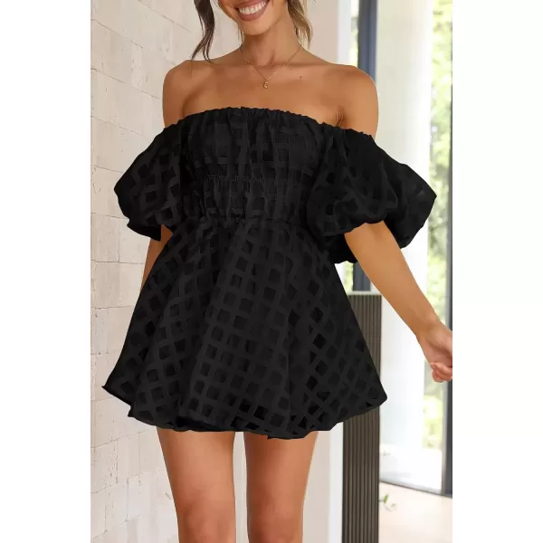 imagePRETTYGARDEN Womens Off The Shoulder Babydoll Dress Short Puff Sleeve Casual A Line Ruffle Summer DressesPlaid Black