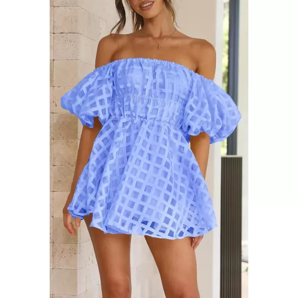 imagePRETTYGARDEN Womens Off The Shoulder Babydoll Dress Short Puff Sleeve Casual A Line Ruffle Summer DressesPlaid Light Blue