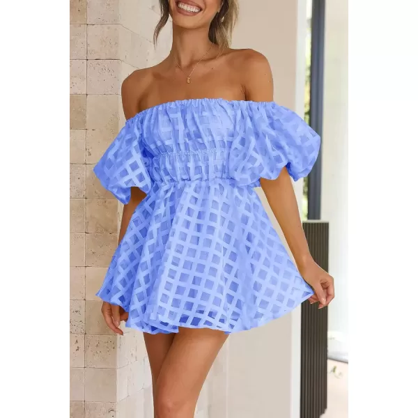 imagePRETTYGARDEN Womens Off The Shoulder Babydoll Dress Short Puff Sleeve Casual A Line Ruffle Summer DressesPlaid Light Blue