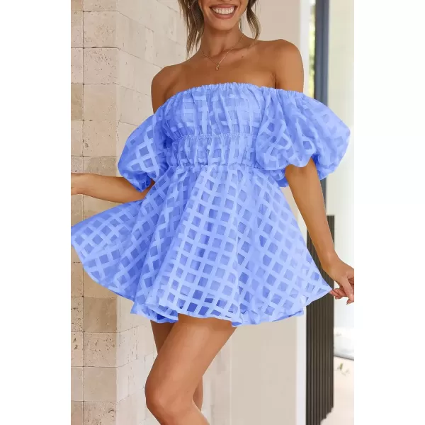 imagePRETTYGARDEN Womens Off The Shoulder Babydoll Dress Short Puff Sleeve Casual A Line Ruffle Summer DressesPlaid Light Blue