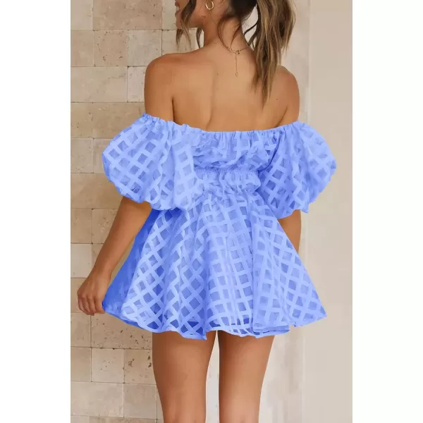 imagePRETTYGARDEN Womens Off The Shoulder Babydoll Dress Short Puff Sleeve Casual A Line Ruffle Summer DressesPlaid Light Blue