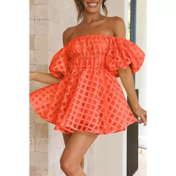 imagePRETTYGARDEN Womens Off The Shoulder Babydoll Dress Short Puff Sleeve Casual A Line Ruffle Summer DressesPlaid Orange