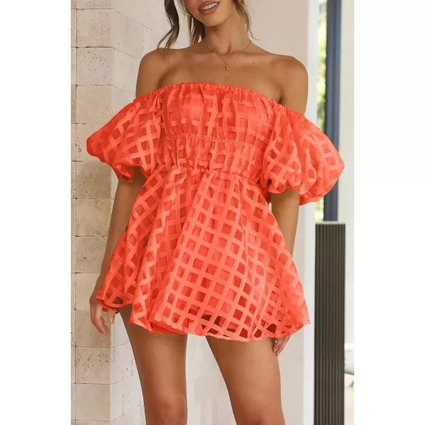 imagePRETTYGARDEN Womens Off The Shoulder Babydoll Dress Short Puff Sleeve Casual A Line Ruffle Summer DressesPlaid Orange