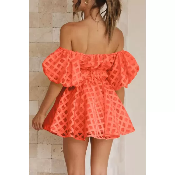 imagePRETTYGARDEN Womens Off The Shoulder Babydoll Dress Short Puff Sleeve Casual A Line Ruffle Summer DressesPlaid Orange