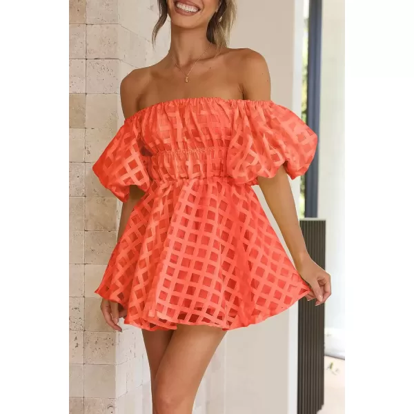 imagePRETTYGARDEN Womens Off The Shoulder Babydoll Dress Short Puff Sleeve Casual A Line Ruffle Summer DressesPlaid Orange