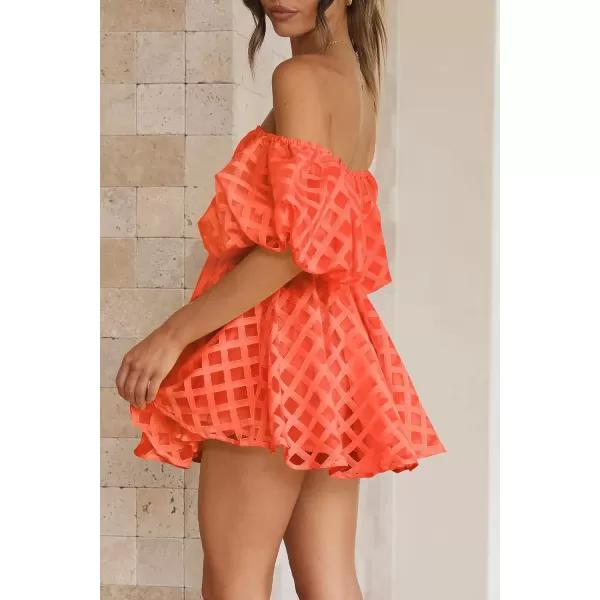imagePRETTYGARDEN Womens Off The Shoulder Babydoll Dress Short Puff Sleeve Casual A Line Ruffle Summer DressesPlaid Orange