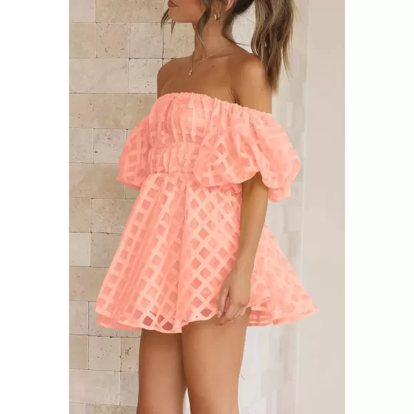 imagePRETTYGARDEN Womens Off The Shoulder Babydoll Dress Short Puff Sleeve Casual A Line Ruffle Summer DressesPlaid Peach Pink