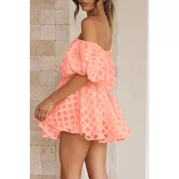 imagePRETTYGARDEN Womens Off The Shoulder Babydoll Dress Short Puff Sleeve Casual A Line Ruffle Summer DressesPlaid Peach Pink