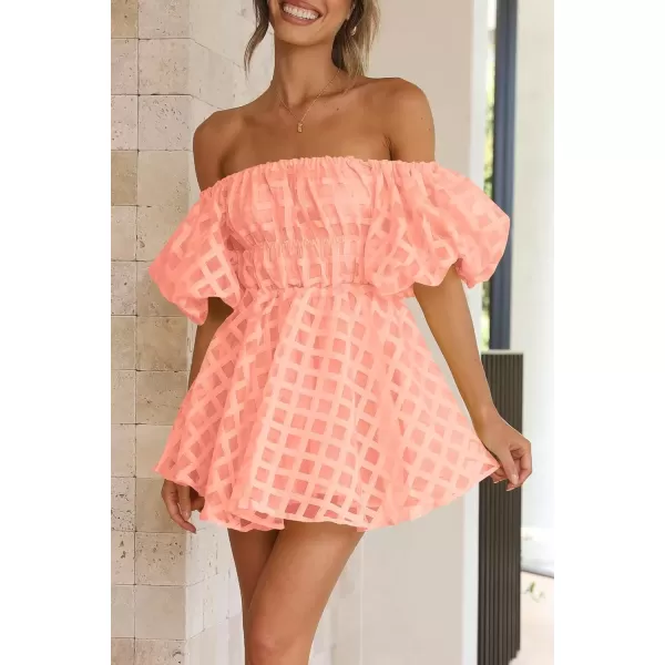 imagePRETTYGARDEN Womens Off The Shoulder Babydoll Dress Short Puff Sleeve Casual A Line Ruffle Summer DressesPlaid Peach Pink