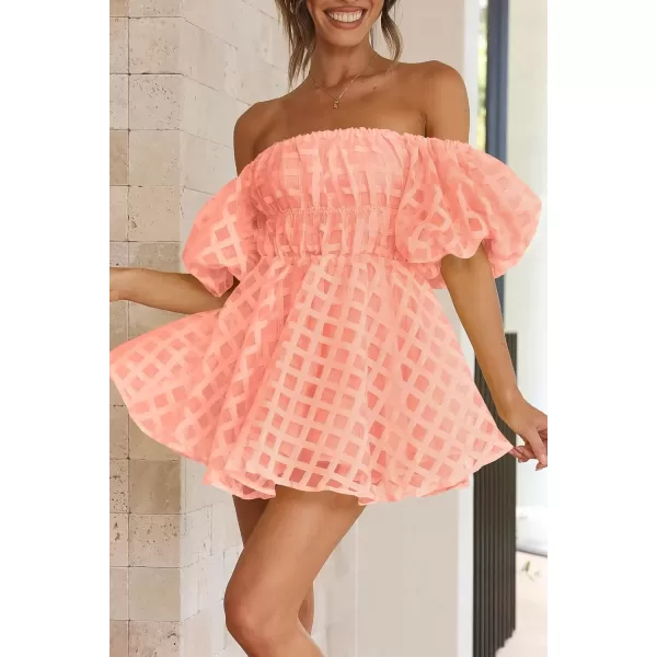 imagePRETTYGARDEN Womens Off The Shoulder Babydoll Dress Short Puff Sleeve Casual A Line Ruffle Summer DressesPlaid Peach Pink