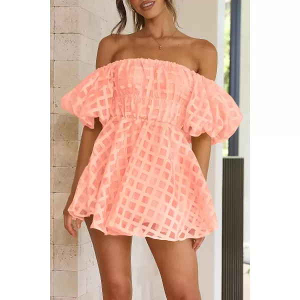 imagePRETTYGARDEN Womens Off The Shoulder Babydoll Dress Short Puff Sleeve Casual A Line Ruffle Summer DressesPlaid Peach Pink