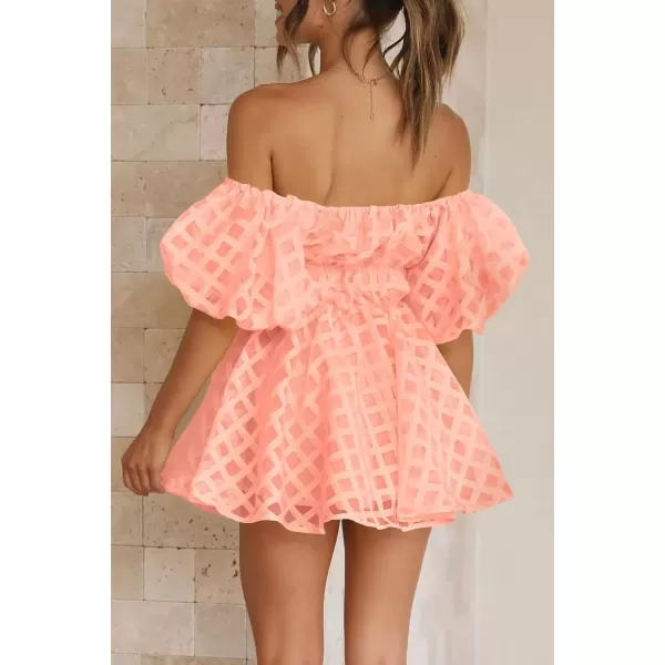imagePRETTYGARDEN Womens Off The Shoulder Babydoll Dress Short Puff Sleeve Casual A Line Ruffle Summer DressesPlaid Peach Pink