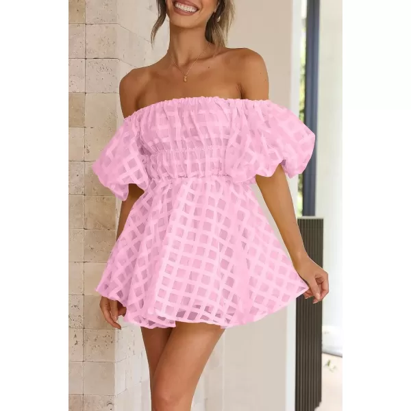 imagePRETTYGARDEN Womens Off The Shoulder Babydoll Dress Short Puff Sleeve Casual A Line Ruffle Summer DressesPlaid Pink