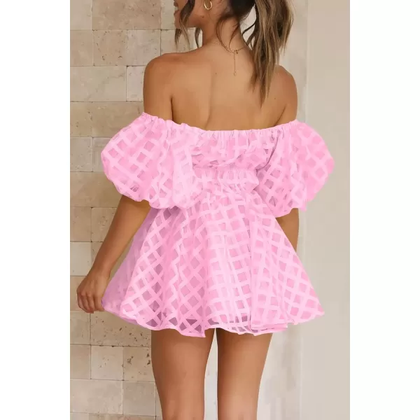imagePRETTYGARDEN Womens Off The Shoulder Babydoll Dress Short Puff Sleeve Casual A Line Ruffle Summer DressesPlaid Pink