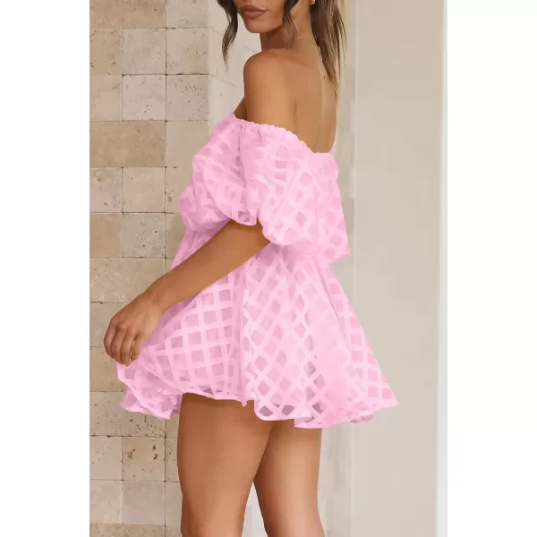 imagePRETTYGARDEN Womens Off The Shoulder Babydoll Dress Short Puff Sleeve Casual A Line Ruffle Summer DressesPlaid Pink