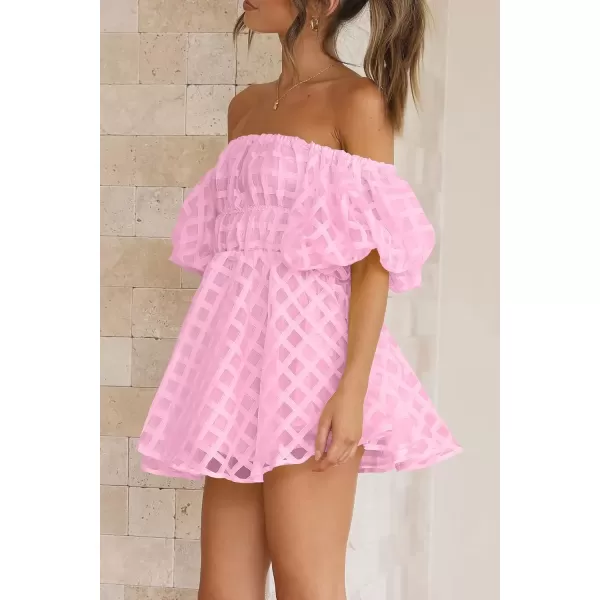 imagePRETTYGARDEN Womens Off The Shoulder Babydoll Dress Short Puff Sleeve Casual A Line Ruffle Summer DressesPlaid Pink
