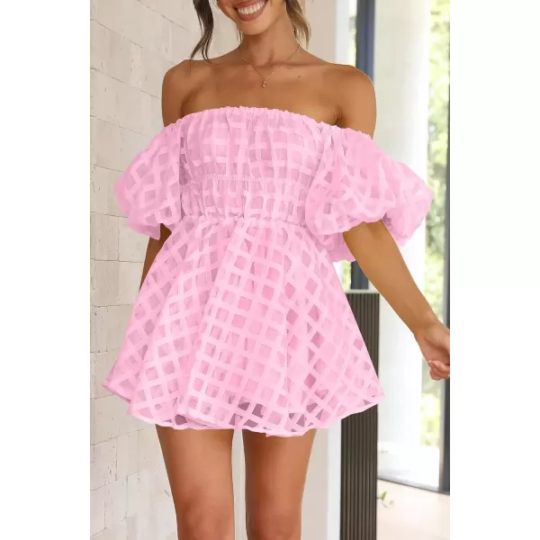 imagePRETTYGARDEN Womens Off The Shoulder Babydoll Dress Short Puff Sleeve Casual A Line Ruffle Summer DressesPlaid Pink