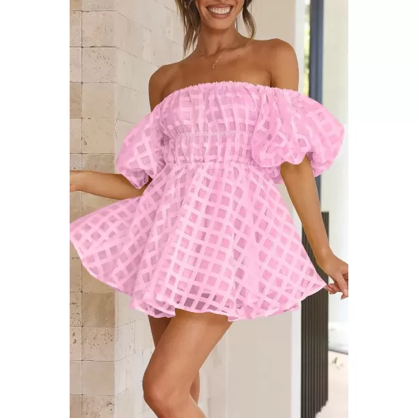imagePRETTYGARDEN Womens Off The Shoulder Babydoll Dress Short Puff Sleeve Casual A Line Ruffle Summer DressesPlaid Pink