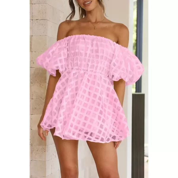 imagePRETTYGARDEN Womens Off The Shoulder Babydoll Dress Short Puff Sleeve Casual A Line Ruffle Summer DressesPlaid Pink