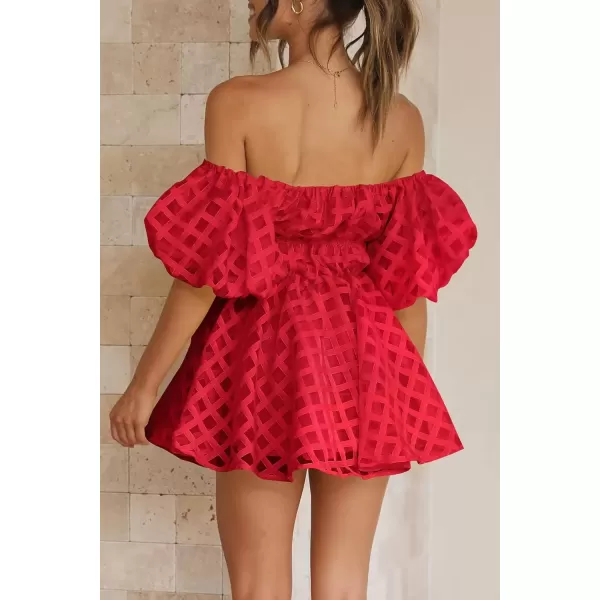 imagePRETTYGARDEN Womens Off The Shoulder Babydoll Dress Short Puff Sleeve Casual A Line Ruffle Summer DressesPlaid Red
