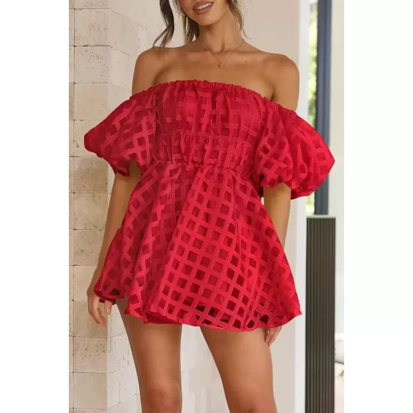 imagePRETTYGARDEN Womens Off The Shoulder Babydoll Dress Short Puff Sleeve Casual A Line Ruffle Summer DressesPlaid Red