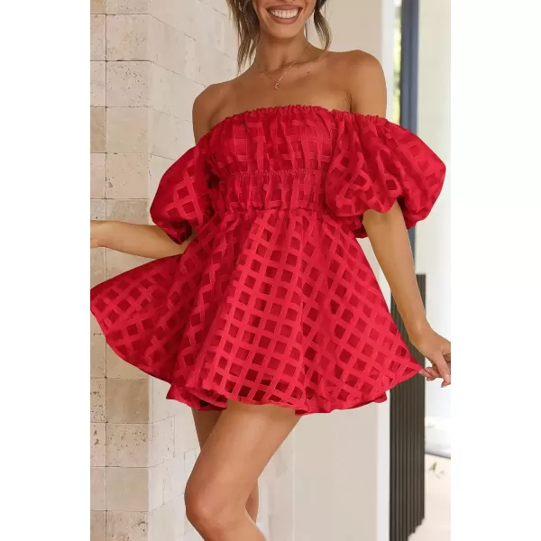 imagePRETTYGARDEN Womens Off The Shoulder Babydoll Dress Short Puff Sleeve Casual A Line Ruffle Summer DressesPlaid Red