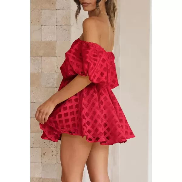 imagePRETTYGARDEN Womens Off The Shoulder Babydoll Dress Short Puff Sleeve Casual A Line Ruffle Summer DressesPlaid Red