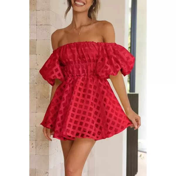 imagePRETTYGARDEN Womens Off The Shoulder Babydoll Dress Short Puff Sleeve Casual A Line Ruffle Summer DressesPlaid Red