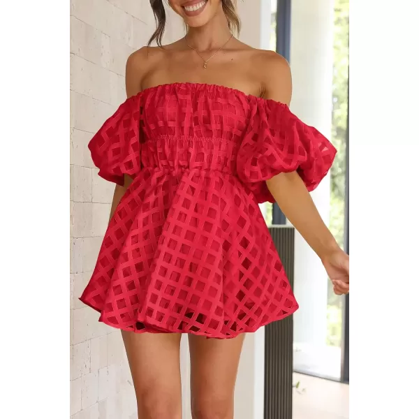 imagePRETTYGARDEN Womens Off The Shoulder Babydoll Dress Short Puff Sleeve Casual A Line Ruffle Summer DressesPlaid Red