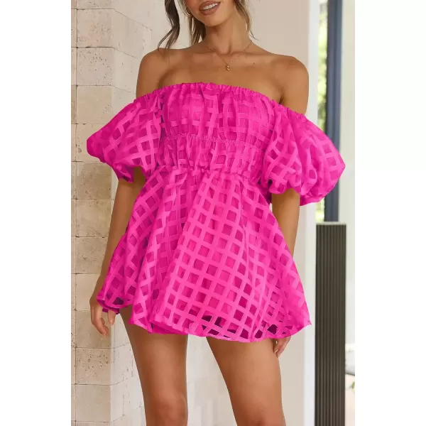 imagePRETTYGARDEN Womens Off The Shoulder Babydoll Dress Short Puff Sleeve Casual A Line Ruffle Summer DressesPlaid Rose Red