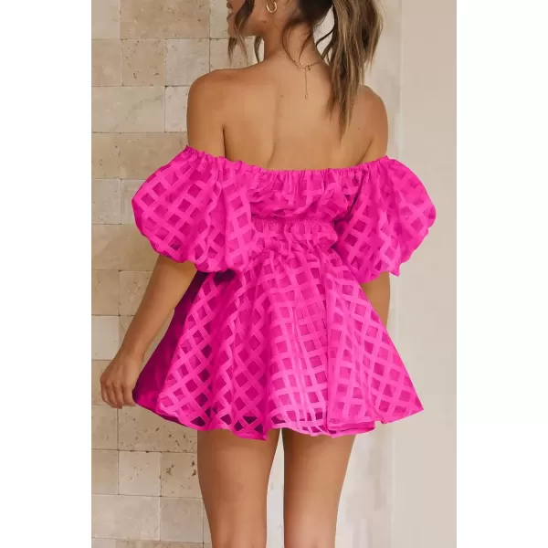 imagePRETTYGARDEN Womens Off The Shoulder Babydoll Dress Short Puff Sleeve Casual A Line Ruffle Summer DressesPlaid Rose Red