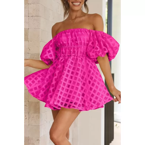 imagePRETTYGARDEN Womens Off The Shoulder Babydoll Dress Short Puff Sleeve Casual A Line Ruffle Summer DressesPlaid Rose Red
