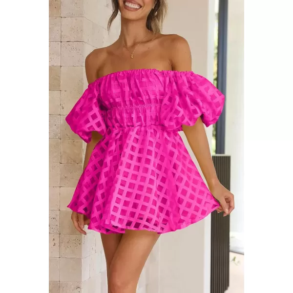 imagePRETTYGARDEN Womens Off The Shoulder Babydoll Dress Short Puff Sleeve Casual A Line Ruffle Summer DressesPlaid Rose Red