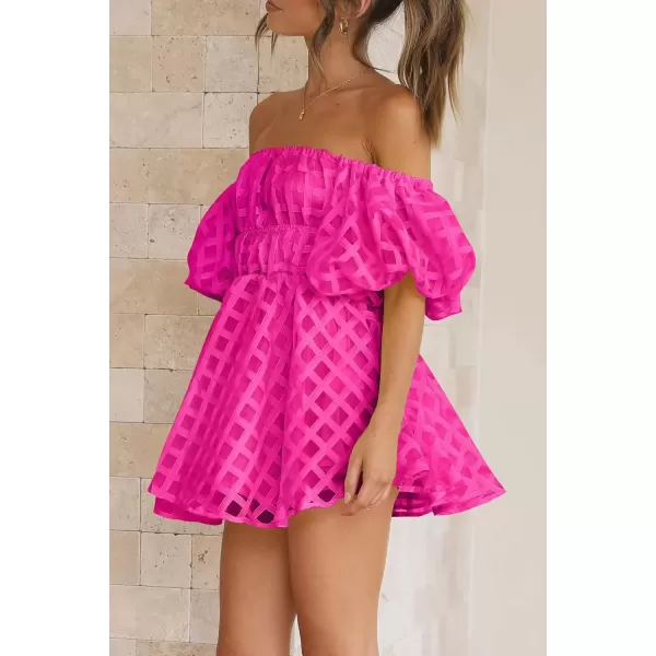 imagePRETTYGARDEN Womens Off The Shoulder Babydoll Dress Short Puff Sleeve Casual A Line Ruffle Summer DressesPlaid Rose Red