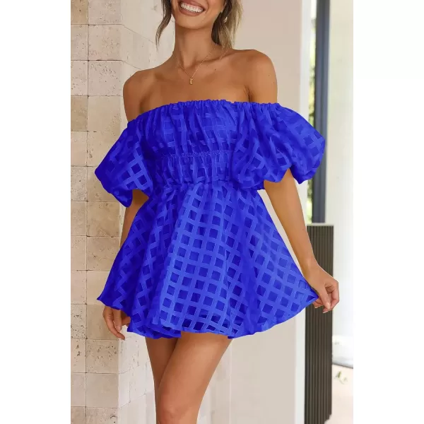 imagePRETTYGARDEN Womens Off The Shoulder Babydoll Dress Short Puff Sleeve Casual A Line Ruffle Summer DressesPlaid Royal Blue