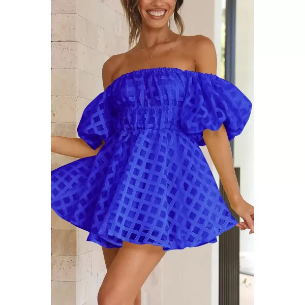 imagePRETTYGARDEN Womens Off The Shoulder Babydoll Dress Short Puff Sleeve Casual A Line Ruffle Summer DressesPlaid Royal Blue