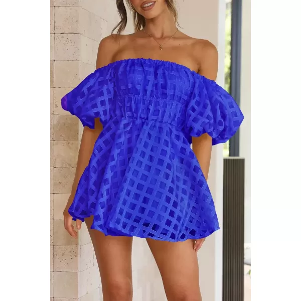 imagePRETTYGARDEN Womens Off The Shoulder Babydoll Dress Short Puff Sleeve Casual A Line Ruffle Summer DressesPlaid Royal Blue