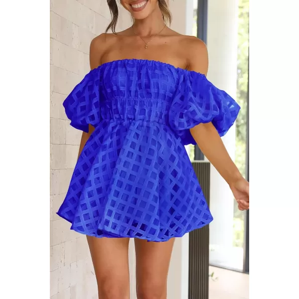 imagePRETTYGARDEN Womens Off The Shoulder Babydoll Dress Short Puff Sleeve Casual A Line Ruffle Summer DressesPlaid Royal Blue