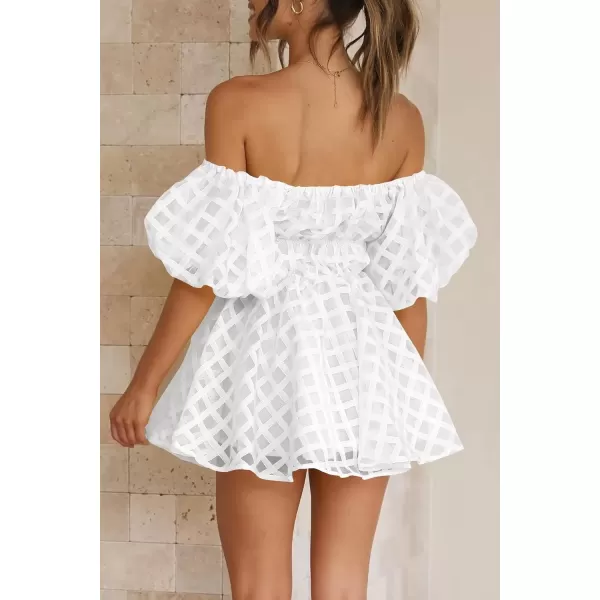 imagePRETTYGARDEN Womens Off The Shoulder Babydoll Dress Short Puff Sleeve Casual A Line Ruffle Summer DressesPlaid White